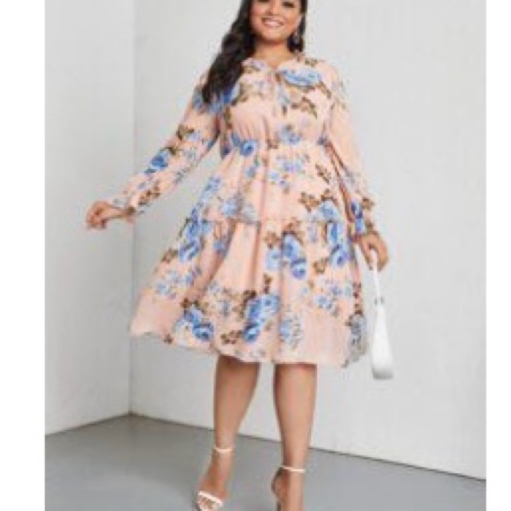 SHEIN Blue and Pink Bishop Sleeve Sundress